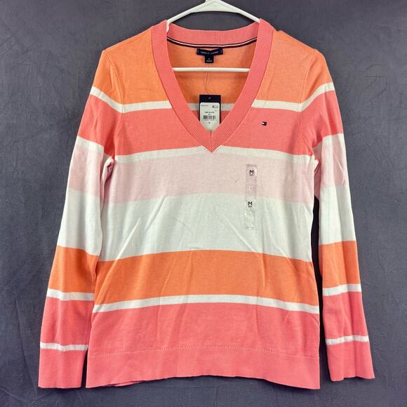 Tommy Hilfiger Cardigan Striped Sweater Womens Medium V-Neck Preppy New Academia - Picture 1 of 14